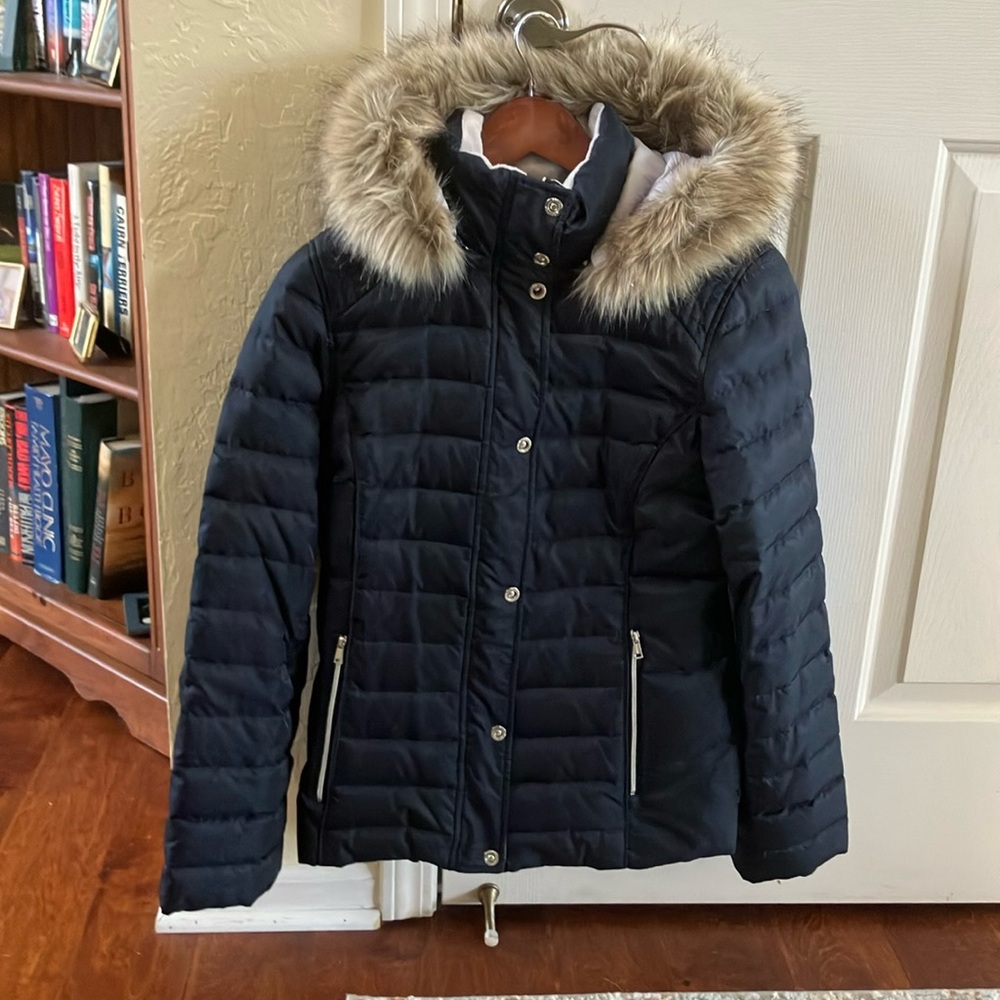 Nautica Navy Blue Hooded Winter Coat with Faux Fur Medium